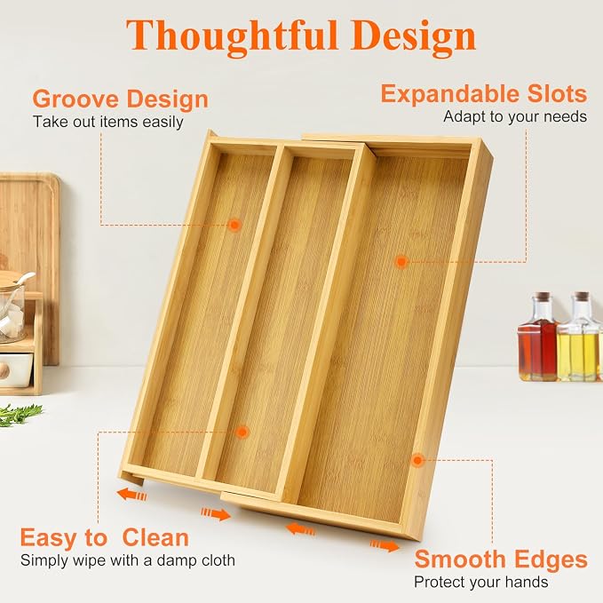 Large Bamboo Kitchen Utensil Drawer Organizer Expandable Silverware Tray | Big Cooking Utensil Drawer Divider Spoon Flatware Organizer Storage Adjustable Wooden Cutlery Holder Tool Knife Spatula Tray - Image 6