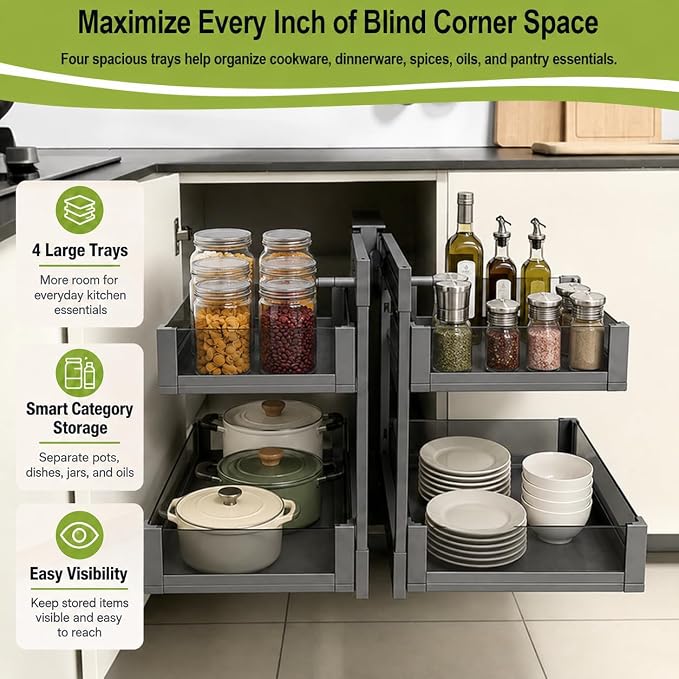 Blind Corner Cabinet Pull Out Organizer, Heavy-Duty Magic Corner Shelves with Soft Close, 2-Tier Full Extension Baskets for 13",14.1",15.3",16.9" Kitchen Cabinets, Left & Right Compatible - Image 6