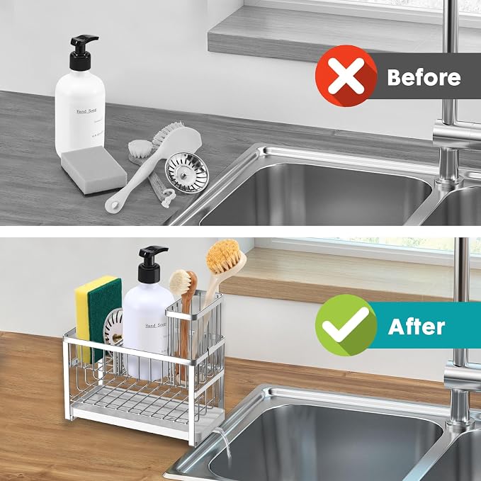 Sinnsally Kitchen Sponge Holder,Sink Caddy Organizer with High Brush Holder,Stainless Steel Sink Box Dish Scrubber Holder,Soap Tray for Kitchen Counter Accessories & Storage Rack (2 Tier - Silver) - Image 6