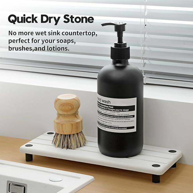 Instant Dry Sink Caddy Kitchen Sink Organizer, Quick Drying Diatomaceous Earth Stone Sink Tray Sponge Holder Soap Dish, Bathroom Countertop Vanity Dispenser Toothbrush Bottle, White, 10" x 4" - Image 2