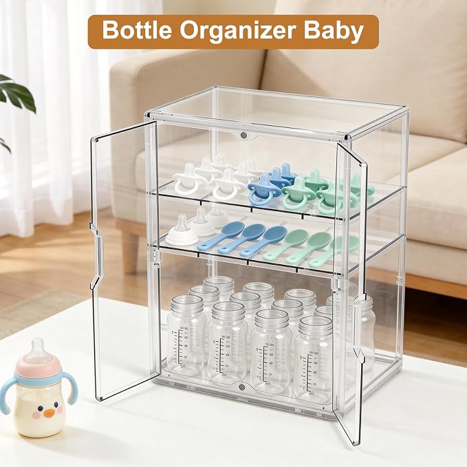 ERTIUANIO Baby Bottle Organizer for Countertop Cabinet Storage | 3 Tier Adjustable Clear Acrylic Station Container with 2 Removable Dividers for Vanity, Bathroom, Nursery, Gifts for New Mom - Image 7