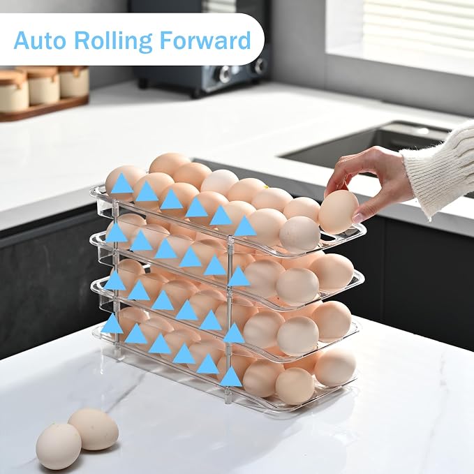 Egg Holder,4 Tier Clear Organizer with Auto-Roll Design, Adjustable Height Egg Storage Container Holds Up to 56 Eggs for Refrigerator,Kitchen Cabinet - Image 2