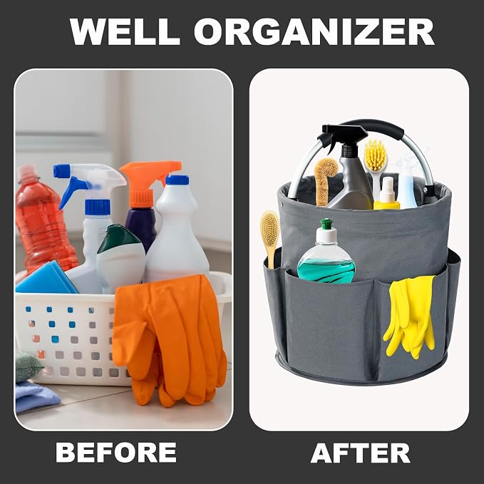 Cleaning Caddy with Handle, 17L Foldable Cleaning Supplies Organizer, Portable Storage Basket, Cleaning Supply Caddy, Multifunctional Cleaning Bucket Bag for Garden, Home, Kitchen (Grey) - Image 3