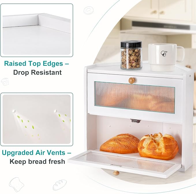 Sunhoo Bread Box for Kitchen Countertop Corner Large Wooden Bread Bin 2 Tier Rustic Food Storage Container with Acrylic Window Farmhouse Keeper Shelf Organizer for Loaves Pastries & Snacks (White) - Image 2