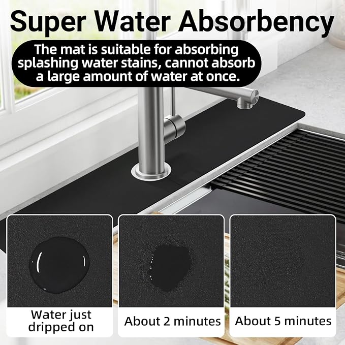 LOPNUR Cuttable Faucet Mat for Kitchen Sink, Long 24x5.5 Inch, Black | Super Absorbent & Fast Dry Diatomite Sink Splash Guard, 0.8-2.4 Inch Adjustable Faucet Hole, Cut to Fit Bathroom & RV Sinks - Image 4