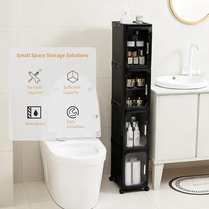 4-Tier Tall Narrow Slim Bathroom Storage Cabinet, Black | Tool Free Assembly, Adjustable Shelves, Fits for Narrow Spaces, Reinforced Stability, Magnetic Clear Door - Image 3