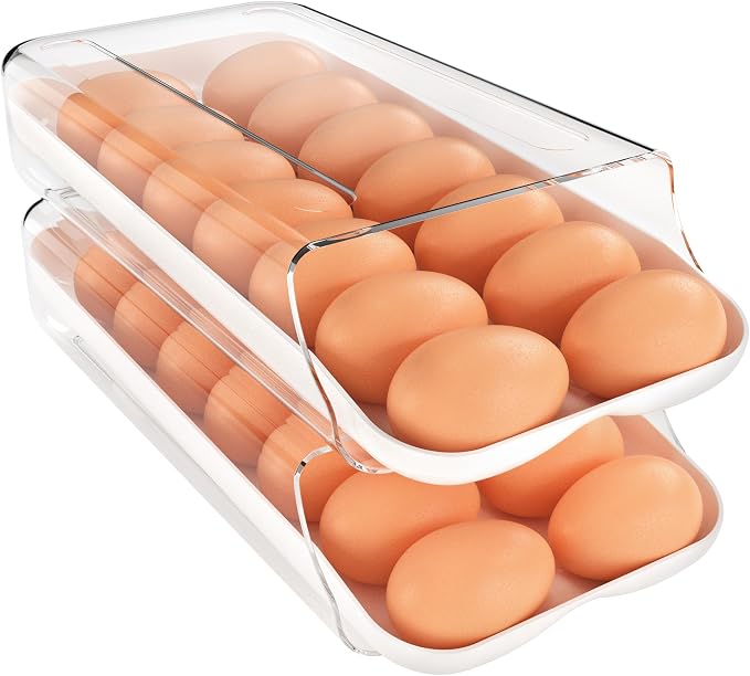 theaoo Egg Holder for Fridge, Automatic Rolling Egg Container, White, 2Pack | Quick Removable Inner Tray For Easy Egg Loading. Stackable Egg Dispenser For Refrigerator Storage And Organization by theaoo