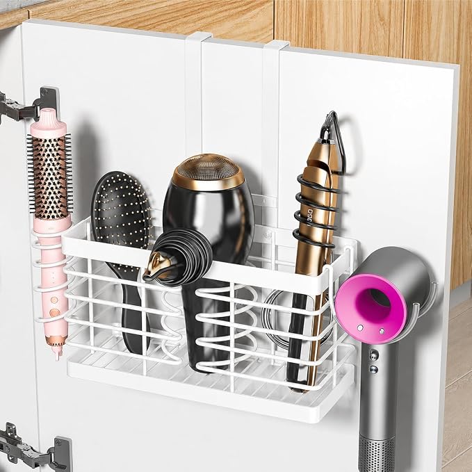 2026 Upgraded 3-in-1 Universal Hair Tool Organizer, L Size, White | Adjustable Height Metal Hair Dryer Holder, Wall Mounted, Over Cabinet Door, Countertop, Bathroom Storage by Sevenblue