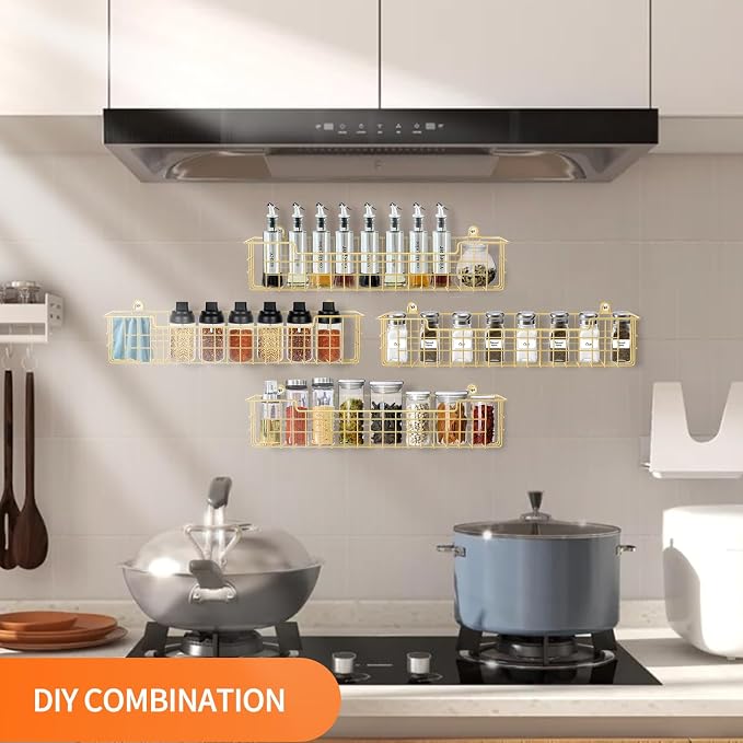 Spice Rack, 4-Pack Seasoning Organizer Wall Mount for Kitchen Storage Organization, Spice Holder Shelf Saving Space for Cabinet, RV, Pantry, Gold - Image 4