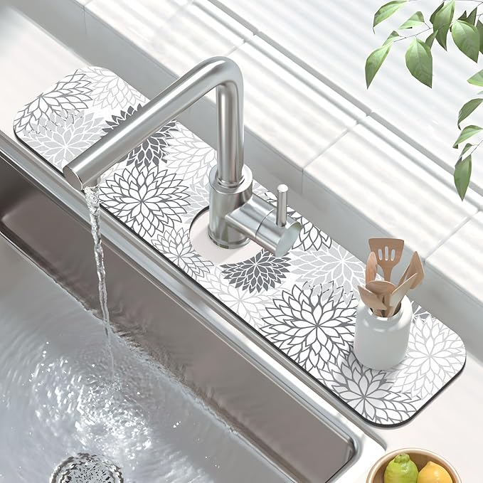 Findosom 2PCS 16" x 24" Dish Drying Mat & 24" x 5.5" Sink Splash Guard, Super Absorbent & Cuttable Dish Mat Drying Kitchen Mat with Gray Floral, Hide Stain Drying Mat for Kitchen Counter - Image 3