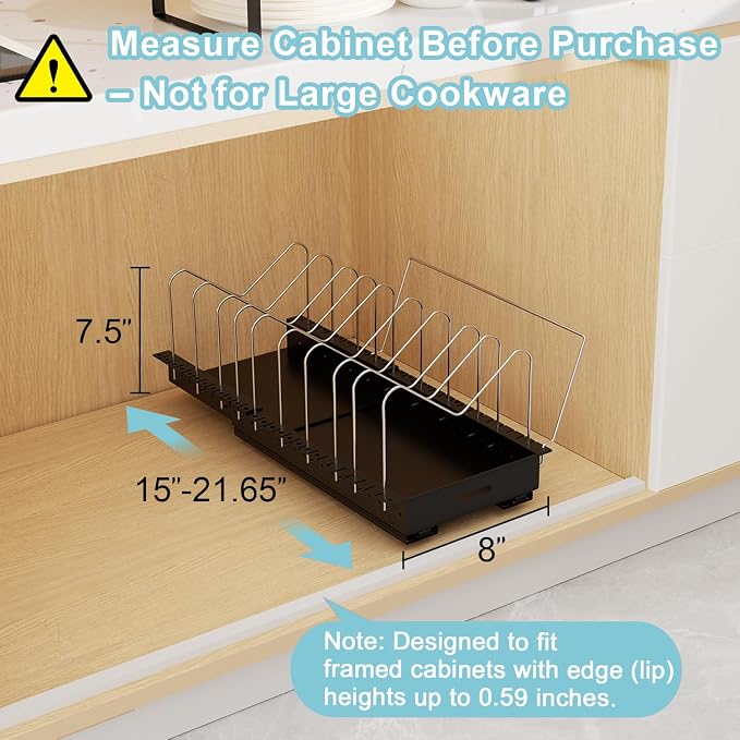Pots and Pans Organizer Under Cabinet, 22" Deep Expandable, 2 Pack | Pot Organizers inside Cabinet with 10 Adjustable Dividers & Handrail, No Drill Pot Lid Holder, Sliding Pot Lid Holder - Image 5
