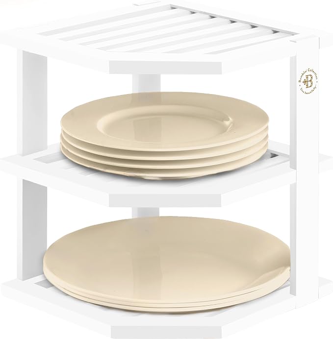 White Plate Organizer for Cabinet - 3 Tier Bamboo Corner Cabinet Organizer Shelf for Plates Bowls Mugs Cups, Kitchen Cabinet Organizer, Cabinet Shelf Organizer, Countertop Rack, 10 x 10 x 9.5 Inch by Bamb%C3%BCsi