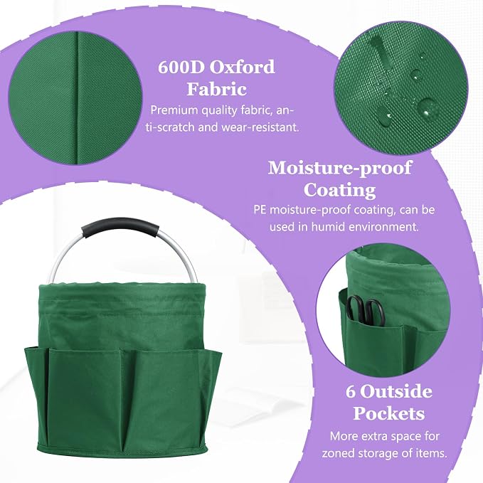 2-Pack Cleaning Supply Caddy with 6 Side Pockets, 17L Foldable Bucket Organizer Storage Tote with Handle, 600D Oxford Tool Bag for House, Dorm, Garden, Bathroom, Green - Image 6