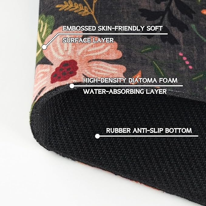 Boho Black Flowers Kitchen Sink Splash Guard Faucet Mat,Faucet Non-Slip Absorbent Mat,Farmhouse Sink Splash Guard Behind Faucet for Kitchen Bathroom, 15"x5.5" - Image 5