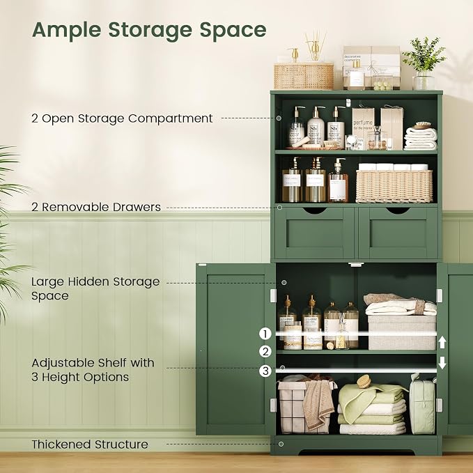 Iwell Bathroom Storage Cabinet with Adjustable Shelf, Storage Cabinet with Doors, Kitchen Pantry Storage Cabinets, Cupboard, for Living Room, Dining Room, Entryway, Green - Image 4
