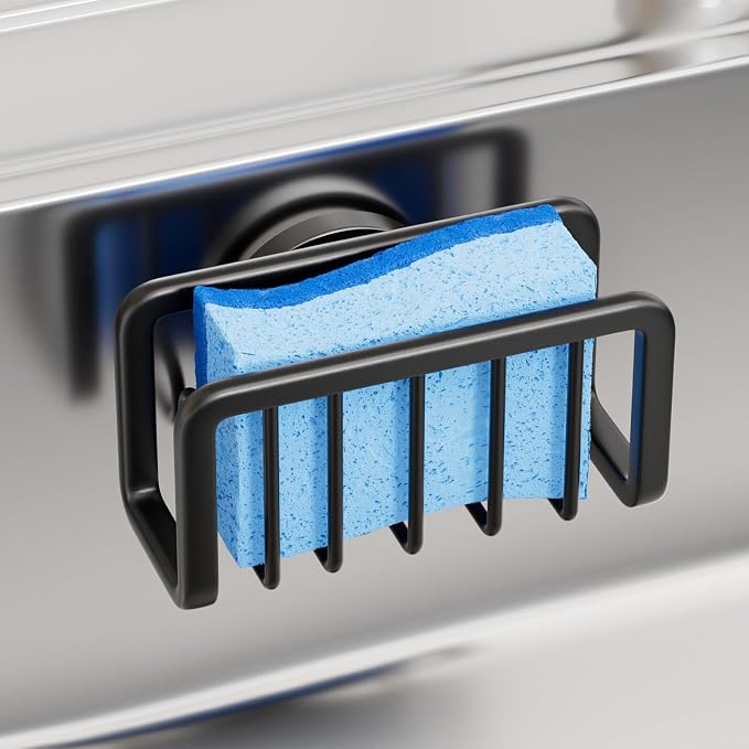 TAILI Black Sponge Holder for Kitchen Sink with Strong Suction Cup | Removable Sink Caddy for Kitchen Sink Oganizer, Rustproof Aluminum Sink Sponge Holder for Scraper Brushes, Stoppers by TAILI
