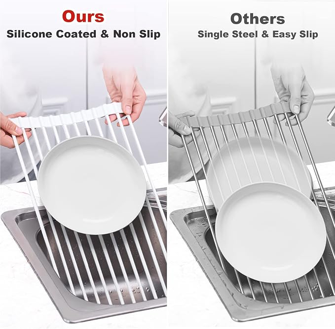 MERRYBOX Roll Up Dish Drying Rack Silicone Wrapped Over The Sink Dish Rack Foldable Dish Drainer Anti-Slip Dish Racks for Kitchen Counter, Multipurpose Kitchen Sink Drying Rack, 20.5" x 13", White - Image 5