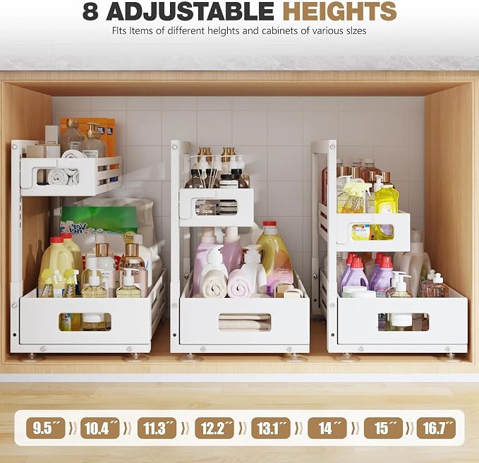 2 Pack 19IN-Depth Under Sink Organizer,Pull Out Cabinet Organizer With Smooth Cylindrical Rail,Metal Slide Out Drawer for Kitchen Bathroom Laundry,8-Level Tool Free Height Adjustable-White - Image 9