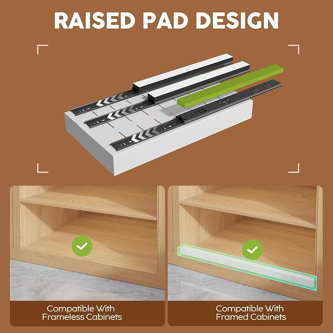 Seinloes 4 Pack Expandable (9"-14") Pull Out Cabinet Organizer 21" Deep With Raising Pad for Framed Cabinets,Upgrade 3 Slide Rails Slide Out Drawers,No Drill Roll Out Shelves Adhesive,White - Image 2
