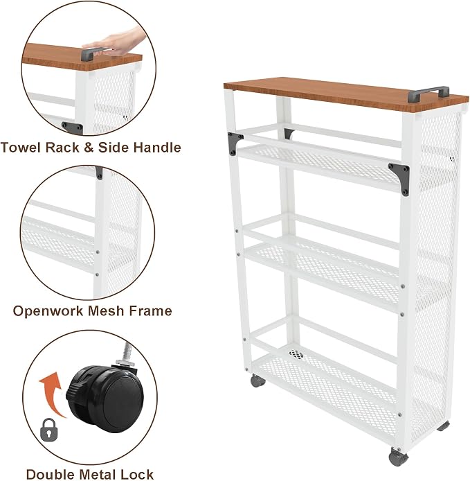 3-Tier Rolling Cart Slim - White Laundry Bathroom Kitchen | Steel Frame, Mesh Baskets, for Small Spaces, 110 lb Capacity, 4 Wheels 2 Lockable, Utility Storage Snack Coffee Craft - Image 4