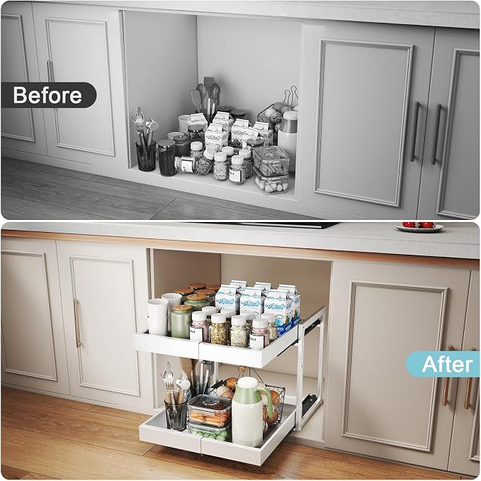 2-Tier Expandable Pull Out Cabinet Organizer, Cabinet Drawers, 16"D | Cabinet Pull Out shelves, Adjustable Pantry Drawers, Slide Out Drawers for Kitchen Cabinets, Under Sink Organizer, White - Image 9