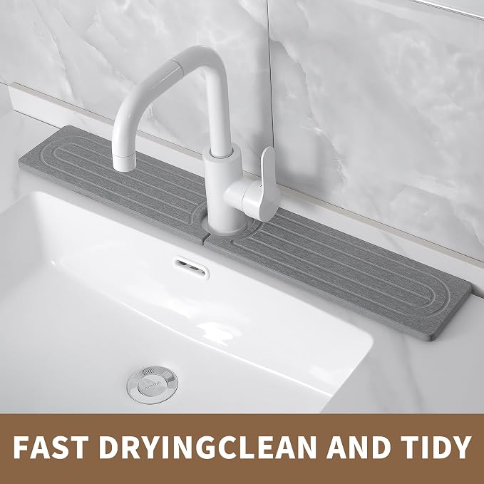 Diatomite Faucet Mat for Kitchen Sink, Quick-Dry Stone-Like Sink Mat, Flat Lay Absorbent Countertop Drying Mat for Faucet Area, Hard Diatomite Mat, Gray, 23.6 x 4 in - Image 7