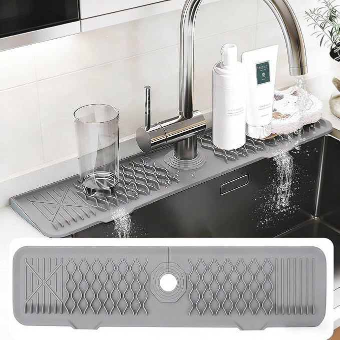 24 Inch Silicone Faucet Mat for Kitchen Sink, 7° Slope Fast Self-Draining Sink Splash Guard, Kitchen Sink Water Catcher Organizer, Kitchen Sink Accessories (Gray, 24''x5.6'') by EBIGIC