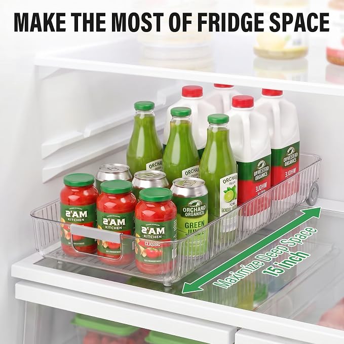 Pull Out Fridge Organizer Bins with Wheels, 8 Dividers, 2-Pack | Clear PET storage bins with handles, rear wheels and adjustable dividers for refrigerator, pantry and cabinet shelves - Image 4