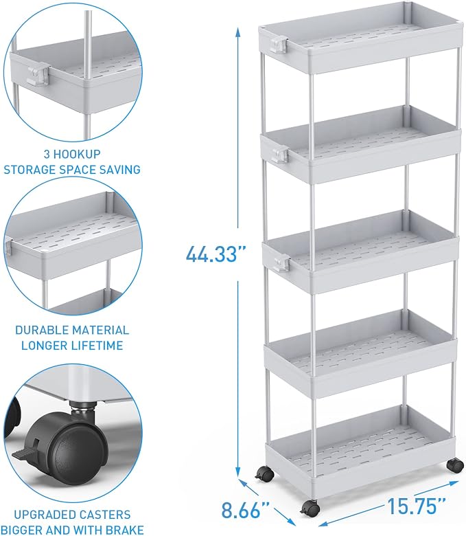 SPACEKEEPER 5 Tier Storage Rolling Cart, Bathroom Cart with Wheels, Gray | Mobile Storage Cart for Laundry Room Organization,Kitchen,Office,Bathroom, Utility Cart for Snack,Craft,Art,Makeup,Nail,Toys - Image 3