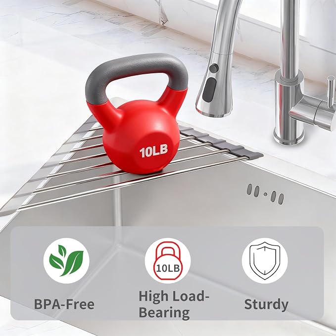 OYEWALLS Corner Sink Roll Up Triangular Dish Drying Rack, Small Multipurpose Stainless Steel Corner Shelf Over the Sink, Kitchen Drainer & Organizer for Space-Saving Storage - Image 5