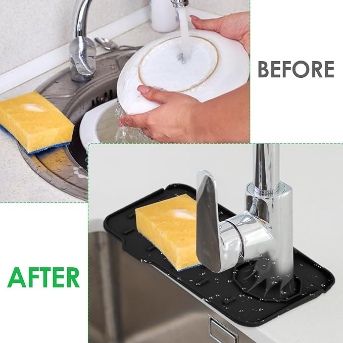 Dimeho Sink Faucet Splash Guard Mat Silicone Soap Dish Pad Faucet Handle Drip Catch Sponge Holder Sink Protector Trays for Bathroom Kitchen Countertop Gadgets Accessories 8.3 x 5.7 Inch(Black) - Image 3