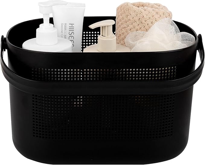 Plastic Portable Shower Caddy Basket, Storage Organizer with Handle, Black | Bottom Drain Holes, Keep Dry, Sturdy and Durable, Easy to Carry for Bathroom, Kitchen, Dorm Room, RV, College by UUJOLY