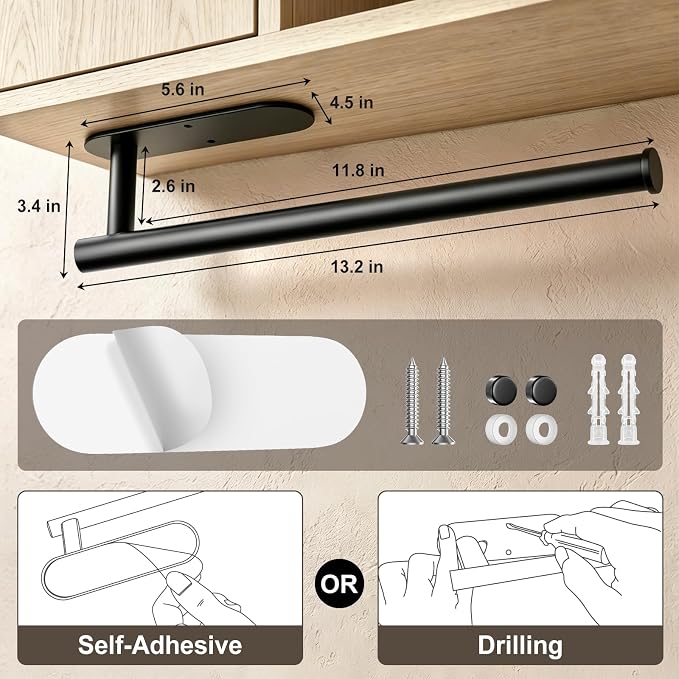 2-Pack Paper Towel Holder for Kitchen, Self-Adhesive & Drilling Mount | Under Cabinet Organizer, SUS 304 Stainless Steel Wall Mounted Rack, Bathroom, RV - Image 6