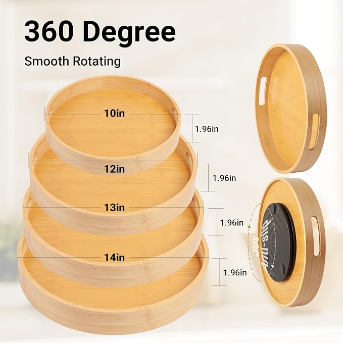 14in Bamboo Lazy Susan Organizer for Cabinet | Spice Turntable Organizer for Kitchen, Round Rotating Serving Tray Turntable Seasoning Organizer for Table Top - Image 2