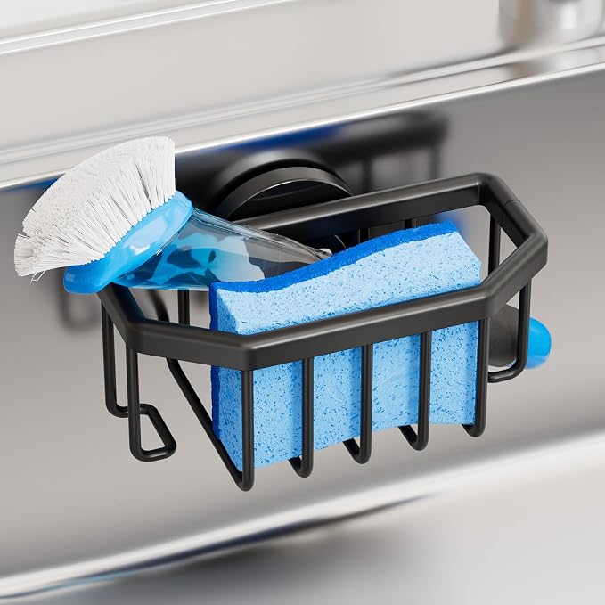 TAILI Sink Caddy with Strong Suction Cup, Sponge Holder for Sink-Black | for Kitchen Sink Organizer, Removable Sponge Caddy Inside Sink, Rustproof Aluminum Holder for Sponges, Brushes, Scrubber by TAILI