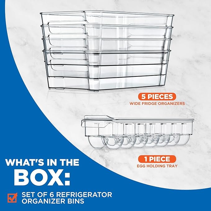 NutriChef Refrigerator Organizer Bins 6-Piece - Plastic Storage Bins with Egg Holder - For Fridge, Freezer, Kitchen, Cabinet, Countertops, Pantry - Stackable Food & Drink Containers, 14.5"x7" - Clear - Image 8