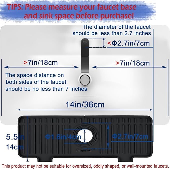 Amerner Kitchen Sink Splash Guard, 10° Large Slope & Adaptable Hole Faucet Mat for Kitchen Sink, Silicone Sink Organizer Sponge Holder for Kitchen, Bathroom, RV, Bar, 14.2” x 5.1”, Black - Image 2