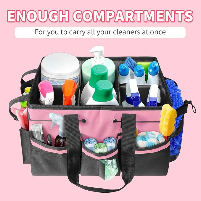 Cleaning Caddy Tote with Removable Dividers - 17.8x12.2x9.3in Waterproof Tool Organizer Bag with Handles & Adjustable Shoulder Strap for Housekeepers, Cleaners & Car Detailing Supplies (Pink) - Image 7
