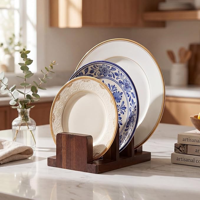 2 Pack Acacia Wood Cutting Board Holder, Kitchen Rack for Cutting Boards, Lids, Bakeware Storage, Countertop Pan & Tray Holder with 3 Slots, Plate Organizer for Cabinet, Baking Sheets - Image 3