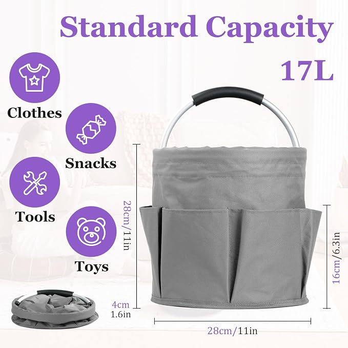 17L Collapsible Cleaning Supplies Caddy with Handle for Travel, Dark Gray | IHOMAGIC 600D Oxford Bucket Tool Organizer, Cleaning Tote with 6-pockets, Portable Storage Basket for Home, Hotel, Restaurant - Image 2