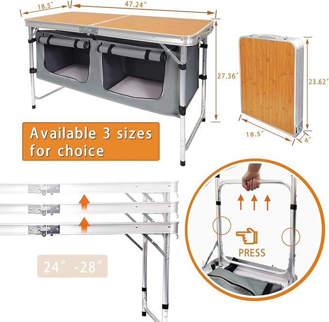 CampLand Outdoor Folding Table Aluminum Lightweight Height Adjustable with Storage Organizer for BBQ, Party, Camping - Image 2