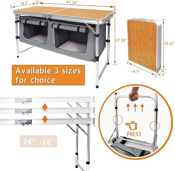 Folding Camping Table with Storage Lightweight Camp Tables Portable Indoor/Outdoor Collapsible Table Height Adjustable Camp Kitchen Perfect for Picnic, Beach, Travel, Tailgating, Backyards, BBQ, Party - Image 2