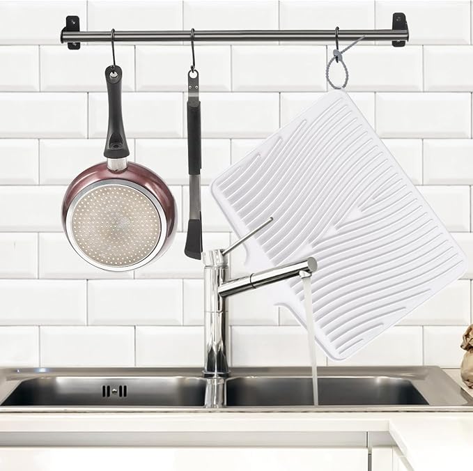 TIKNIK Silicone Dish Drying Mat for Kitchen Counter, White-1pcs, 20" x 15" | Heat Resistant & Non-Slip Dish Drain Pad with Built-In Drain, Dishwasher Safe, Quick-Dry, Hangable & Roll-Up for Storage - Image 5