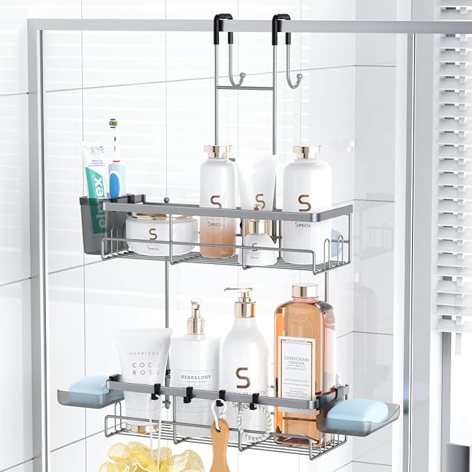 Aitatty Hanging Shower Caddy Over Door: No Drill Rustproof Shower Shelf | Includes Hooks & Soap Holders for Shampoos, Conditioners and Bathroom Essentials, Anti-Slip for Any Shower Room by Aitatty