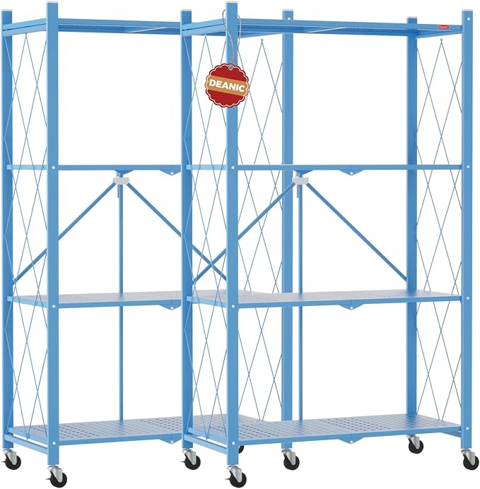 DEANIC 4 Tier Foldable Storage Shelves with Wheels, Large Capacity Shelving Unit, Freestanding Metal Wire Shelf Rack, No Assembly Organizer Rack for Garage Kitchen, Basement, Pantry(Blue Pack of 2) by ShowNow