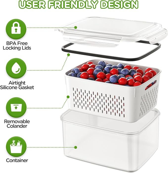 4 PCS Fruit Storage Containers for Fridge, Produce Containers for Fridge with Removable Colander, All-In-One Fruit Washing Bowl with Strainer Microwave/Dishwasher Safe for Salad Berry Lettuce Keeper - Image 4