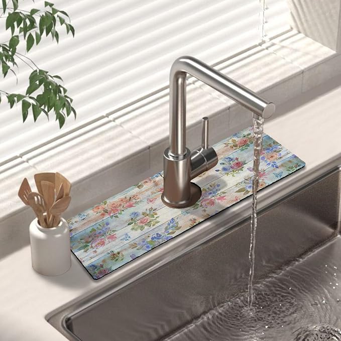 Kitchen Sink Splash Guard Faucet Mat 15" X 5.5" Wooden Floral Absorbent Fast Drying Mat Faucet Draining Mat Sink Splash Guard Behind Faucet Drip Catcher for Kitchen Bathroom by Unknown