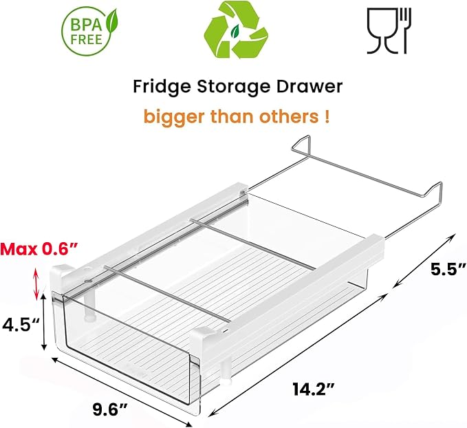 Deeper Refrigerator Drawers, Adjustable Refrigerator Shelf 14-19.5 Inches Large Fridge Drawer Organizer Pull Out, Deli Meat Container for Produce, Cheese, Bacon-XL - Image 2
