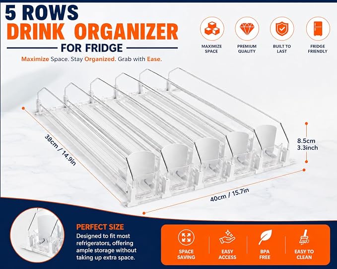 Drink Organizer for Fridge with Cleaning Brush, Soda Can Dispenser for Refrigerator, Automatic Drink Dispenser for Fridge Holds up to 25 Cans, 5 Row Adjustable Organizer with Smooth Pusher Glide White - Image 2
