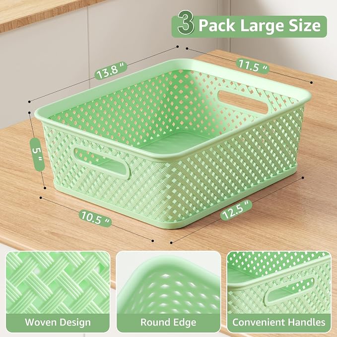 MaxGear 3 Pack Plastic Storage Baskets, Large, Green | Durable Woven Plastic with Built-In Handles, Suitable for Shelves, Closets, Cabinets, Bathrooms and Offices - Image 6